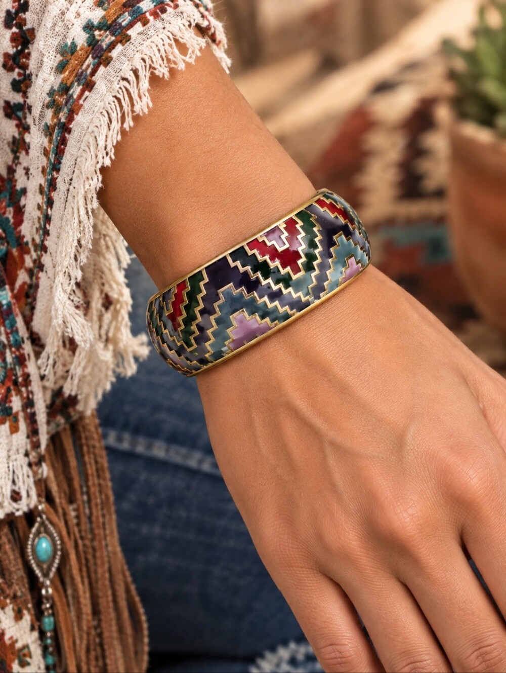 Wide Cuff Bracelet Hinged Aztec Jewel Tone Enameled Southwestern Boho Jewelry